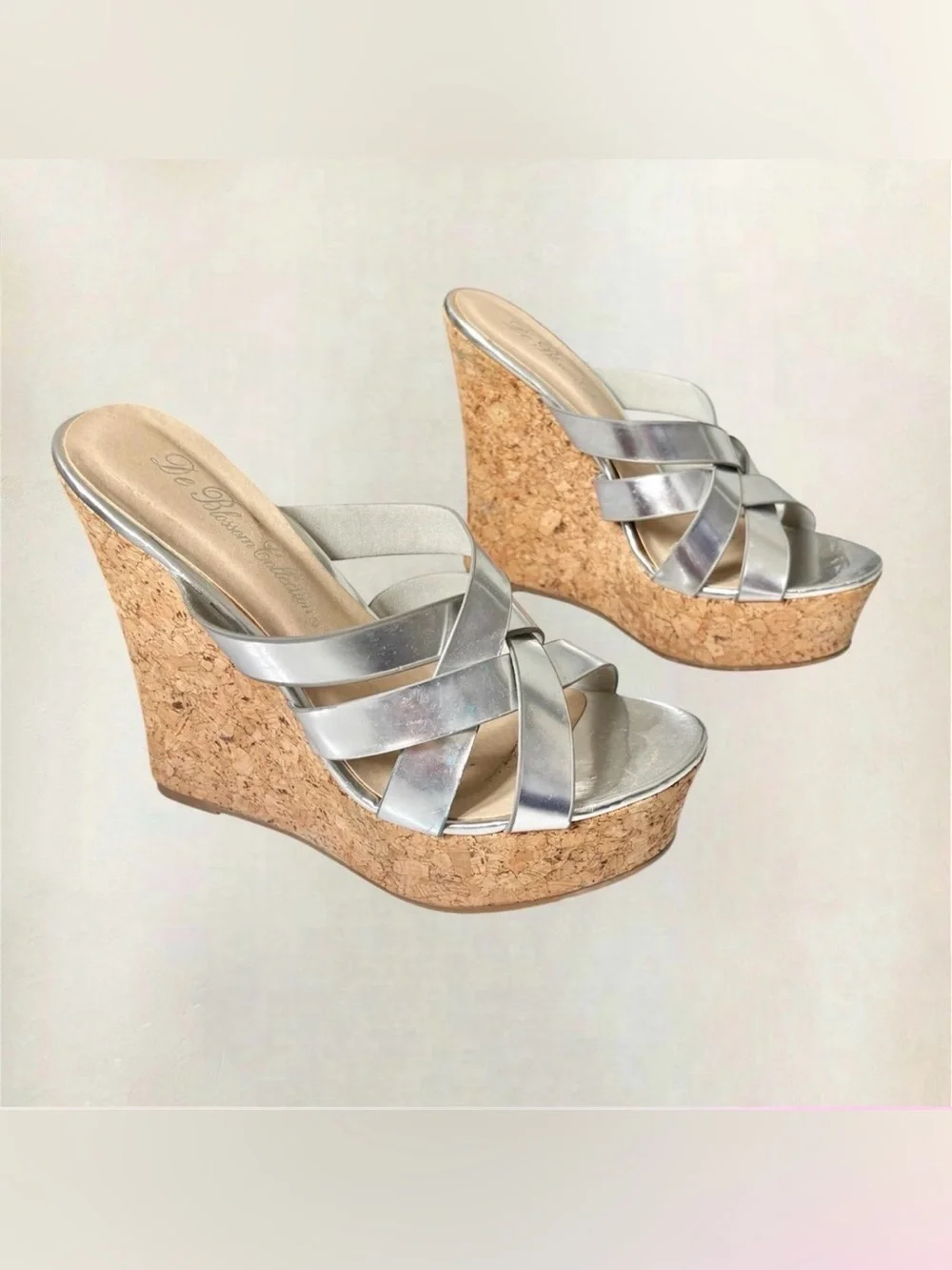De Blossom Collection Silver Metallic Cork Wedge Sandals - used